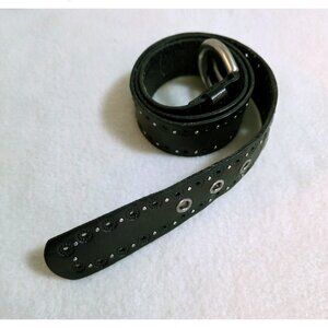 Fossil Mens Leather Belt Sz Med Black punch design silver tone cabs